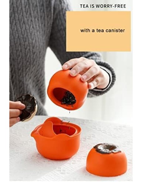 Tea Set, Persimmon Design Chinese Tea Set, Tea Set Gift, Handmade Porcelain Ceramic Portable Travel Teapot Tea Cup Tea Canister for Tea Lover
