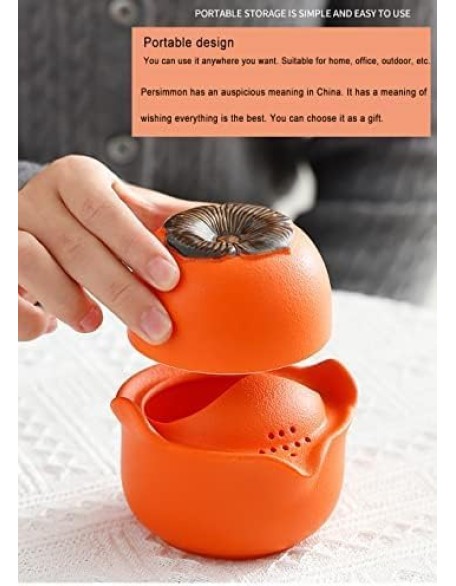 Tea Set, Persimmon Design Chinese Tea Set, Tea Set Gift, Handmade Porcelain Ceramic Portable Travel Teapot Tea Cup Tea Canister for Tea Lover