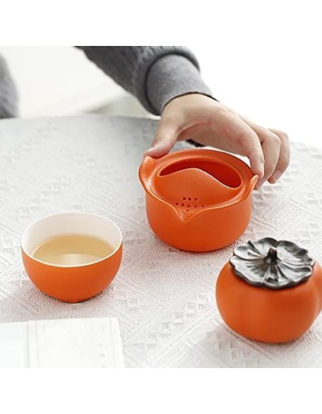 Tea Set, Persimmon Design Chinese Tea Set, Tea Set Gift, Handmade Porcelain Ceramic Portable Travel Teapot Tea Cup Tea Canister for Tea Lover