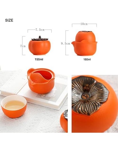 Tea Set, Persimmon Design Chinese Tea Set, Tea Set Gift, Handmade Porcelain Ceramic Portable Travel Teapot Tea Cup Tea Canister for Tea Lover
