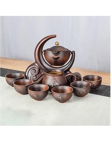 Gongfu Tea Set Chinese Retro Ceramic Semi-Automatic Tea Set Lazy Tea Set Semi-Automatic Tea Set Kung Fu Teacup Brown Tea Pot Set