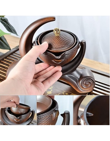 Gongfu Tea Set Chinese Retro Ceramic Semi-Automatic Tea Set Lazy Tea Set Semi-Automatic Tea Set Kung Fu Teacup Brown Tea Pot Set