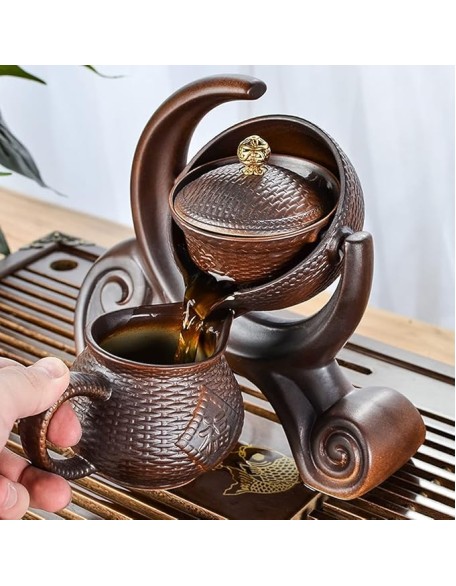 Gongfu Tea Set Chinese Retro Ceramic Semi-Automatic Tea Set Lazy Tea Set Semi-Automatic Tea Set Kung Fu Teacup Brown Tea Pot Set