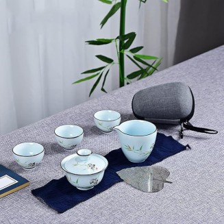 Chinese Tea Set with 3 Tea Cups Ceramic Tea Set with 1 Teapot, 2 Tea Cups and 1 Portable Tea Cloth Bag