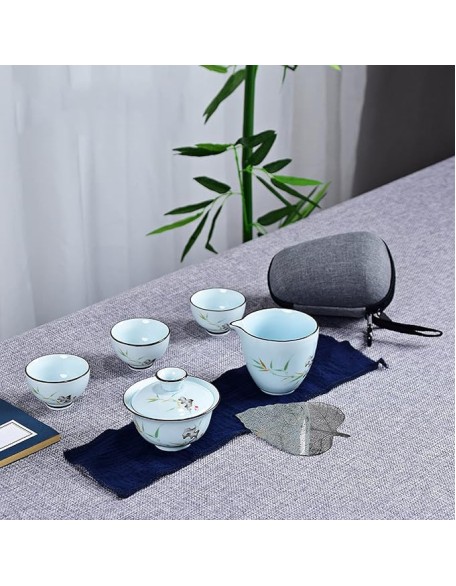 Chinese Tea Set with 3 Tea Cups Ceramic Tea Set with 1 Teapot, 2 Tea Cups and 1 Portable Tea Cloth Bag