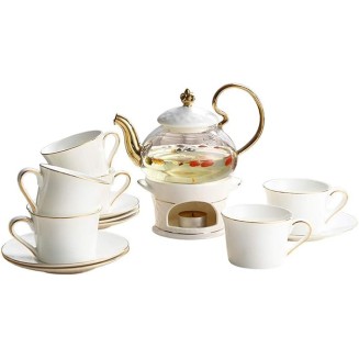 Tea Set Simple Luxurious European Style Gold Trim Ceramic Tea Cup Set Including 6 Pcs Tea Cup and Saucer Ceramic Tea Sets,