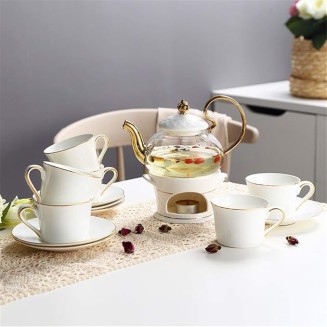 Tea Set Simple Luxurious European Style Gold Trim Ceramic Tea Cup Set Including 6 Pcs Tea Cup and Saucer Ceramic Tea Sets,