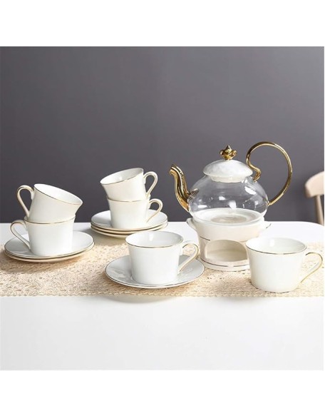 Tea Set Simple Luxurious European Style Gold Trim Ceramic Tea Cup Set Including 6 Pcs Tea Cup and Saucer Ceramic Tea Sets,