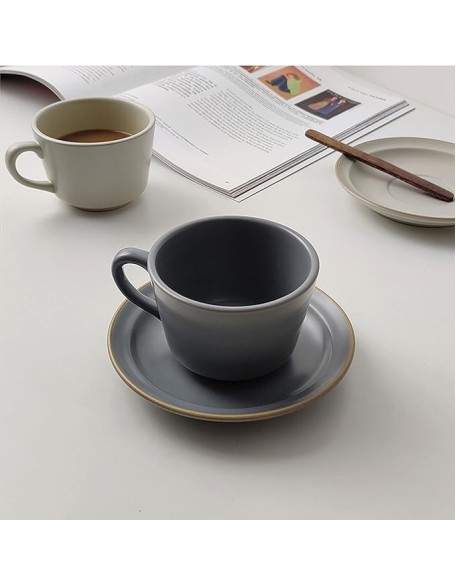 Exquisite Ceramics Matte Ceramic Coffee Cup and Saucer Set Classic Porcelain Teacup/8.5Oz Set of Mugs, Hot Cocoa Mugs