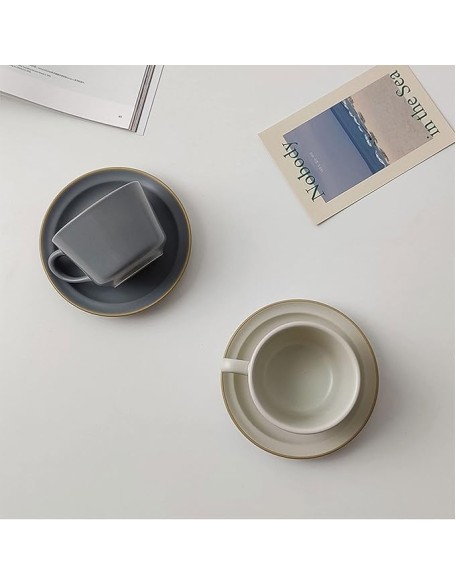 Exquisite Ceramics Matte Ceramic Coffee Cup and Saucer Set Classic Porcelain Teacup/8.5Oz Set of Mugs, Hot Cocoa Mugs