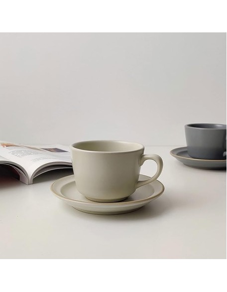 Exquisite Ceramics Matte Ceramic Coffee Cup and Saucer Set Classic Porcelain Teacup/8.5Oz Set of Mugs, Hot Cocoa Mugs