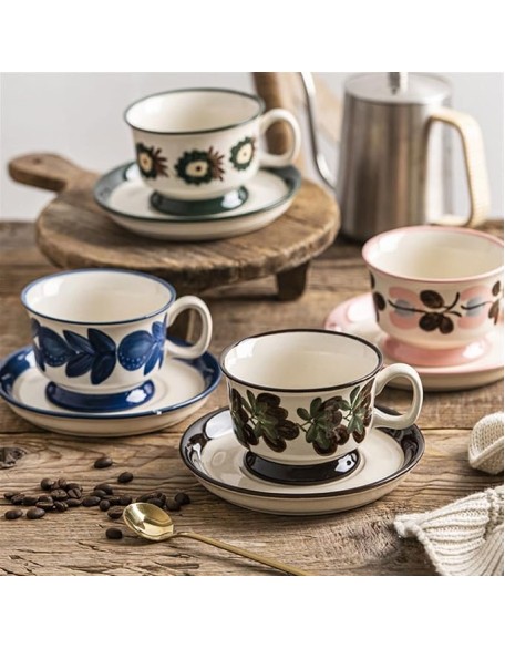 Vintage Pattern Coffee Cup and Saucer Set Hand-Painted Small Cup Ceramic Home Afternoon Tea Cup