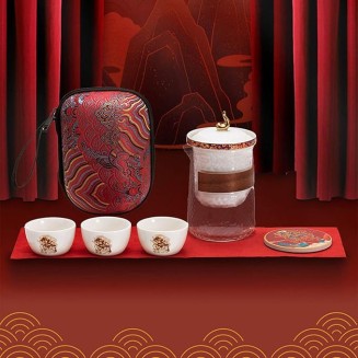 Ceramic Kungfu Tea Set Portable Travel Tea ServiceRed Handmade Teacups with Teapot 3 Teacups Tea Mat Tea Cloth and Travel Bag