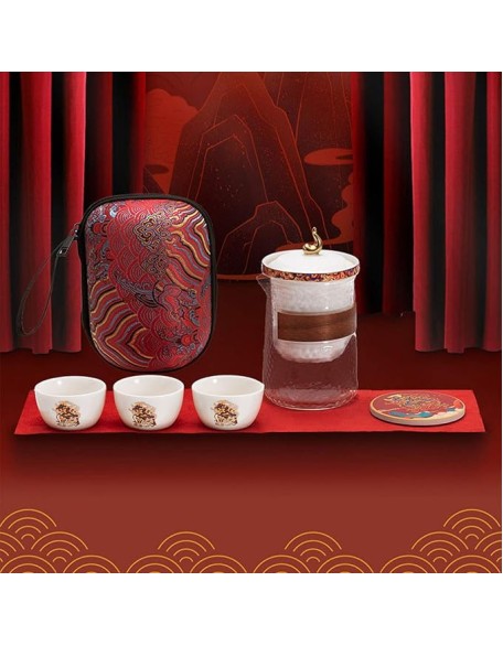 Ceramic Kungfu Tea Set Portable Travel Tea ServiceRed Handmade Teacups with Teapot 3 Teacups Tea Mat Tea Cloth and Travel Bag
