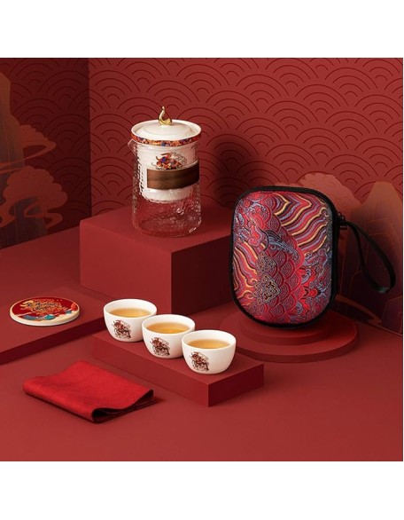 Ceramic Kungfu Tea Set Portable Travel Tea ServiceRed Handmade Teacups with Teapot 3 Teacups Tea Mat Tea Cloth and Travel Bag