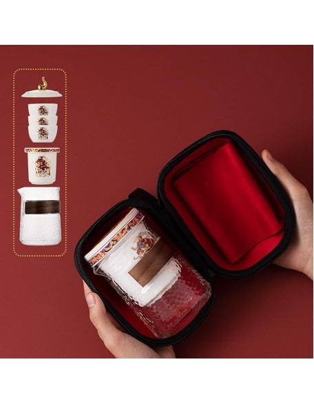 Ceramic Kungfu Tea Set Portable Travel Tea ServiceRed Handmade Teacups with Teapot 3 Teacups Tea Mat Tea Cloth and Travel Bag