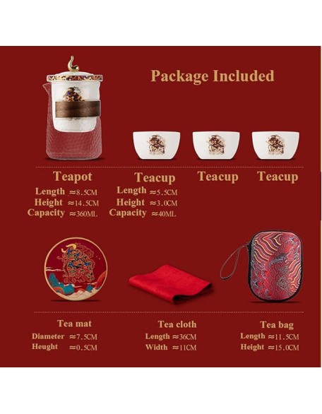 Ceramic Kungfu Tea Set Portable Travel Tea ServiceRed Handmade Teacups with Teapot 3 Teacups Tea Mat Tea Cloth and Travel Bag
