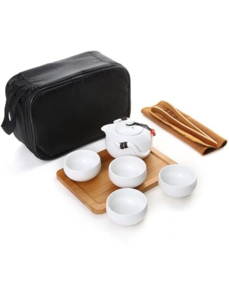 Tea Set Coffee Cup Set Tea Cup Set Portable Travel Tea Set Chinese Handmade Ceramic Teapot and 4 Teacups & Bamboo Teatray