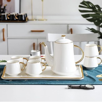 Tea Set of 6 with Teapot and Tea Tray Tea Set for Adults Emerald Ceramic Teapot Coffee Cups Set for Drinking Tea Coffee Water