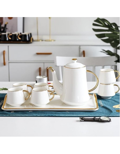 Tea Set of 6 with Teapot and Tea Tray Tea Set for Adults Emerald Ceramic Teapot Coffee Cups Set for Drinking Tea Coffee Water