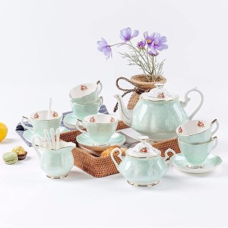 15 Pieces Porcelain Tea Service British Royal Coffee Cups Bone China Cups and Saucers Set of 6 with Gold Decoration and Gift Box Anniversary Birthday Gift