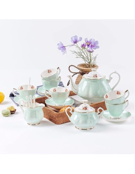 15 Pieces Porcelain Tea Service British Royal Coffee Cups Bone China Cups and Saucers Set of 6 with Gold Decoration and Gift Box Anniversary Birthday Gift
