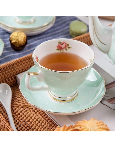 15 Pieces Porcelain Tea Service British Royal Coffee Cups Bone China Cups and Saucers Set of 6 with Gold Decoration and Gift Box Anniversary Birthday Gift