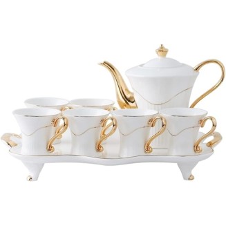 Teapot Coffee Cup Set 8 Pieces Tea Set Gold Trim European Style for Party Dinner Glazed Porcelain Coffee Tea Service with Cups and Coffee Tray Party Tea Set