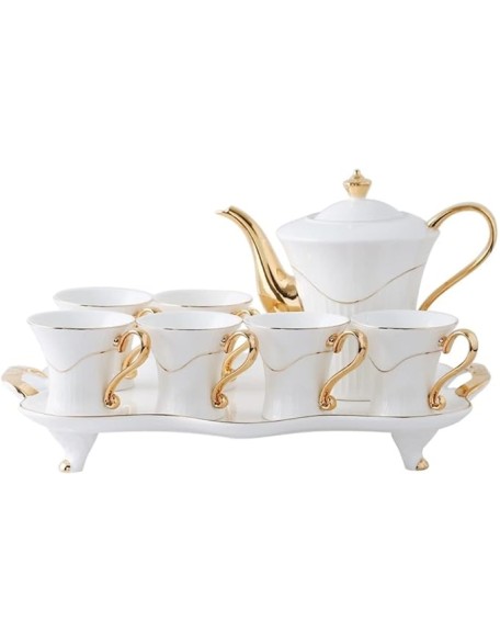 Teapot Coffee Cup Set 8 Pieces Tea Set Gold Trim European Style for Party Dinner Glazed Porcelain Coffee Tea Service with Cups and Coffee Tray Party Tea Set