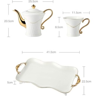 Teapot Coffee Cup Set 8 Pieces Tea Set Gold Trim European Style for Party Dinner Glazed Porcelain Coffee Tea Service with Cups and Coffee Tray Party Tea Set