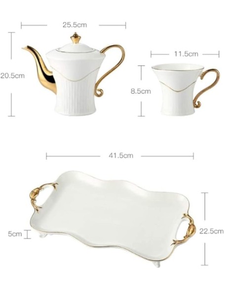 Teapot Coffee Cup Set 8 Pieces Tea Set Gold Trim European Style for Party Dinner Glazed Porcelain Coffee Tea Service with Cups and Coffee Tray Party Tea Set