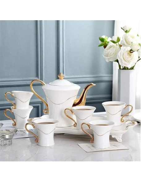 Teapot Coffee Cup Set 8 Pieces Tea Set Gold Trim European Style for Party Dinner Glazed Porcelain Coffee Tea Service with Cups and Coffee Tray Party Tea Set