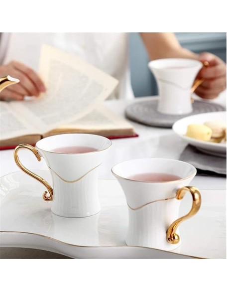 Teapot Coffee Cup Set 8 Pieces Tea Set Gold Trim European Style for Party Dinner Glazed Porcelain Coffee Tea Service with Cups and Coffee Tray Party Tea Set