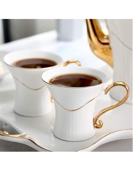 Teapot Coffee Cup Set 8 Pieces Tea Set Gold Trim European Style for Party Dinner Glazed Porcelain Coffee Tea Service with Cups and Coffee Tray Party Tea Set