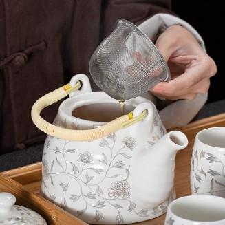 Vintage Porcelain Tea Set Kungfu Tea Set with Infuser AndChinese Ceramic Tea Service Handmade 1 Teapot 6 Tea Cups