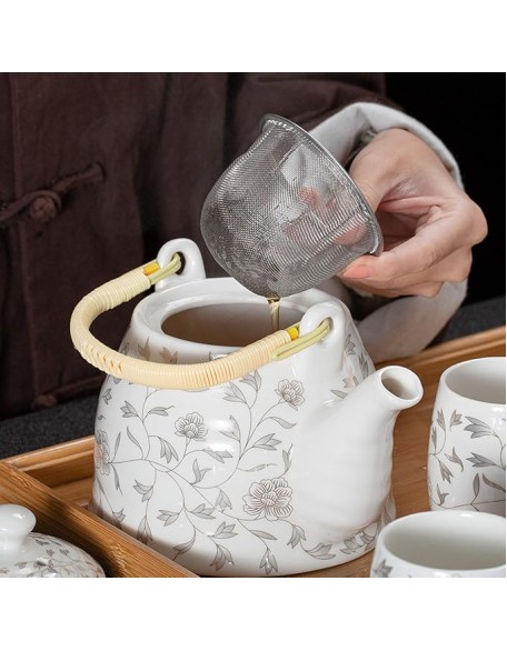 Vintage Porcelain Tea Set Kungfu Tea Set with Infuser AndChinese Ceramic Tea Service Handmade 1 Teapot 6 Tea Cups