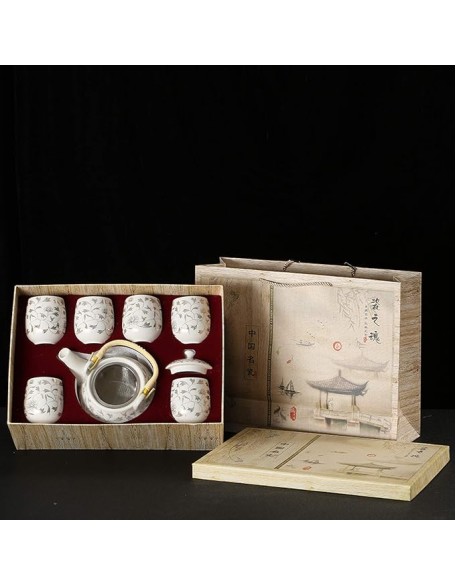 Vintage Porcelain Tea Set Kungfu Tea Set with Infuser AndChinese Ceramic Tea Service Handmade 1 Teapot 6 Tea Cups