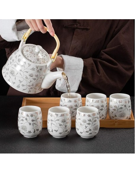 Vintage Porcelain Tea Set Kungfu Tea Set with Infuser AndChinese Ceramic Tea Service Handmade 1 Teapot 6 Tea Cups