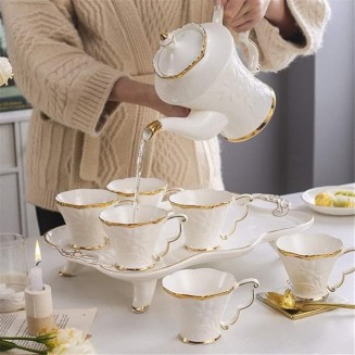 Tea Set Tea Cups Teapot Set 8pcs Ceramic Tea Set Cups and Coffee Tray Gold Trim European Style Afternoon Tea Drinkware Coffee Set Coffee Tea Service Tea Cup Set Tea Pot Set Coffee Cup Set
