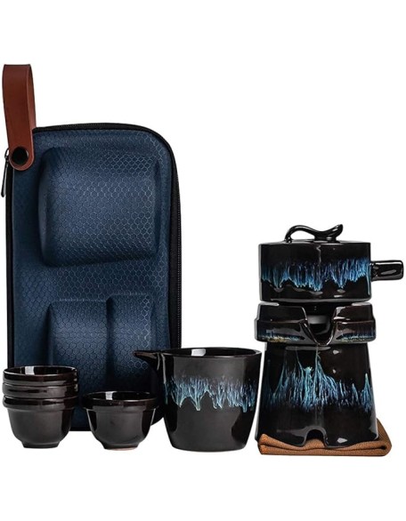 Travel Tea Set Kungfu Tea Set Handmade Ceramic Teapot with 4 Teacups and Portable Tea Bag Porcelain Tea，