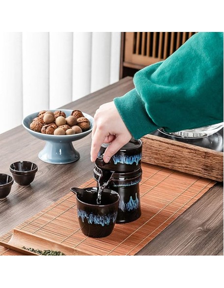 Travel Tea Set Kungfu Tea Set Handmade Ceramic Teapot with 4 Teacups and Portable Tea Bag Porcelain Tea，