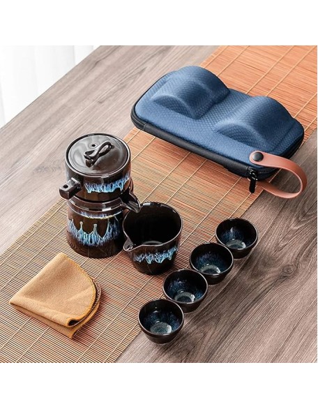 Travel Tea Set Kungfu Tea Set Handmade Ceramic Teapot with 4 Teacups and Portable Tea Bag Porcelain Tea，
