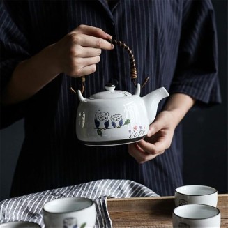 Chinese Tea Set Cute Owl Pattern Glaze Japanese Style Teapot with Handle and Tea Cups Set Service for 4 Adult Beautifully Packaged in Box Ceramic Tea Sets