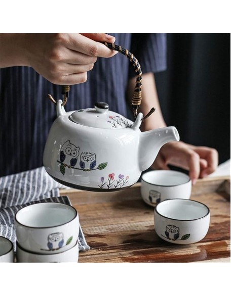 Chinese Tea Set Cute Owl Pattern Glaze Japanese Style Teapot with Handle and Tea Cups Set Service for 4 Adult Beautifully Packaged in Box Ceramic Tea Sets