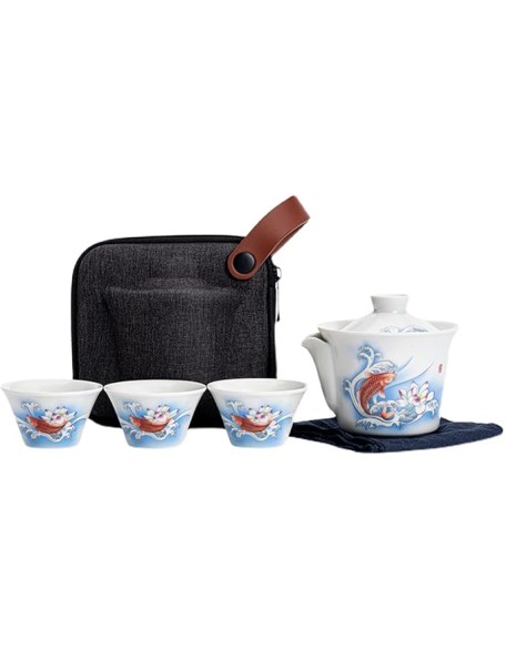 Ceramic Tea Cup Set， Kungfu Tea Set， Portable Travel Tea Set， with，Teacups and Travel Bag， for Travel， Home，Outdoor and Office， 5-Piece Set，A