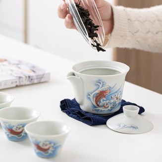 Ceramic Tea Cup Set， Kungfu Tea Set， Portable Travel Tea Set， with，Teacups and Travel Bag， for Travel， Home，Outdoor and Office， 5-Piece Set，A