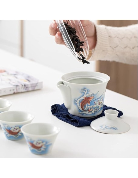 Ceramic Tea Cup Set， Kungfu Tea Set， Portable Travel Tea Set， with，Teacups and Travel Bag， for Travel， Home，Outdoor and Office， 5-Piece Set，A