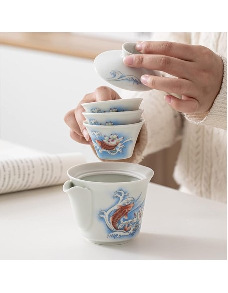 Ceramic Tea Cup Set， Kungfu Tea Set， Portable Travel Tea Set， with，Teacups and Travel Bag， for Travel， Home，Outdoor and Office， 5-Piece Set，A