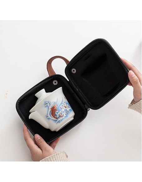 Ceramic Tea Cup Set， Kungfu Tea Set， Portable Travel Tea Set， with，Teacups and Travel Bag， for Travel， Home，Outdoor and Office， 5-Piece Set，A