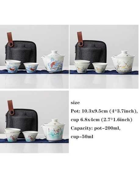 Ceramic Tea Cup Set， Kungfu Tea Set， Portable Travel Tea Set， with，Teacups and Travel Bag， for Travel， Home，Outdoor and Office， 5-Piece Set，A